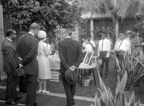 queen elizabeth ii at a ceremony in antigua, 1966 (b/w photo)